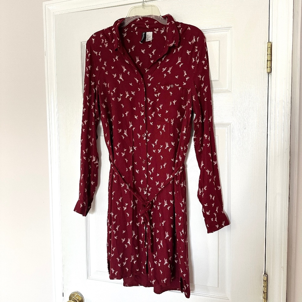 H&M Divided Button Up Dress Bird Print Maroon Long Sleeve